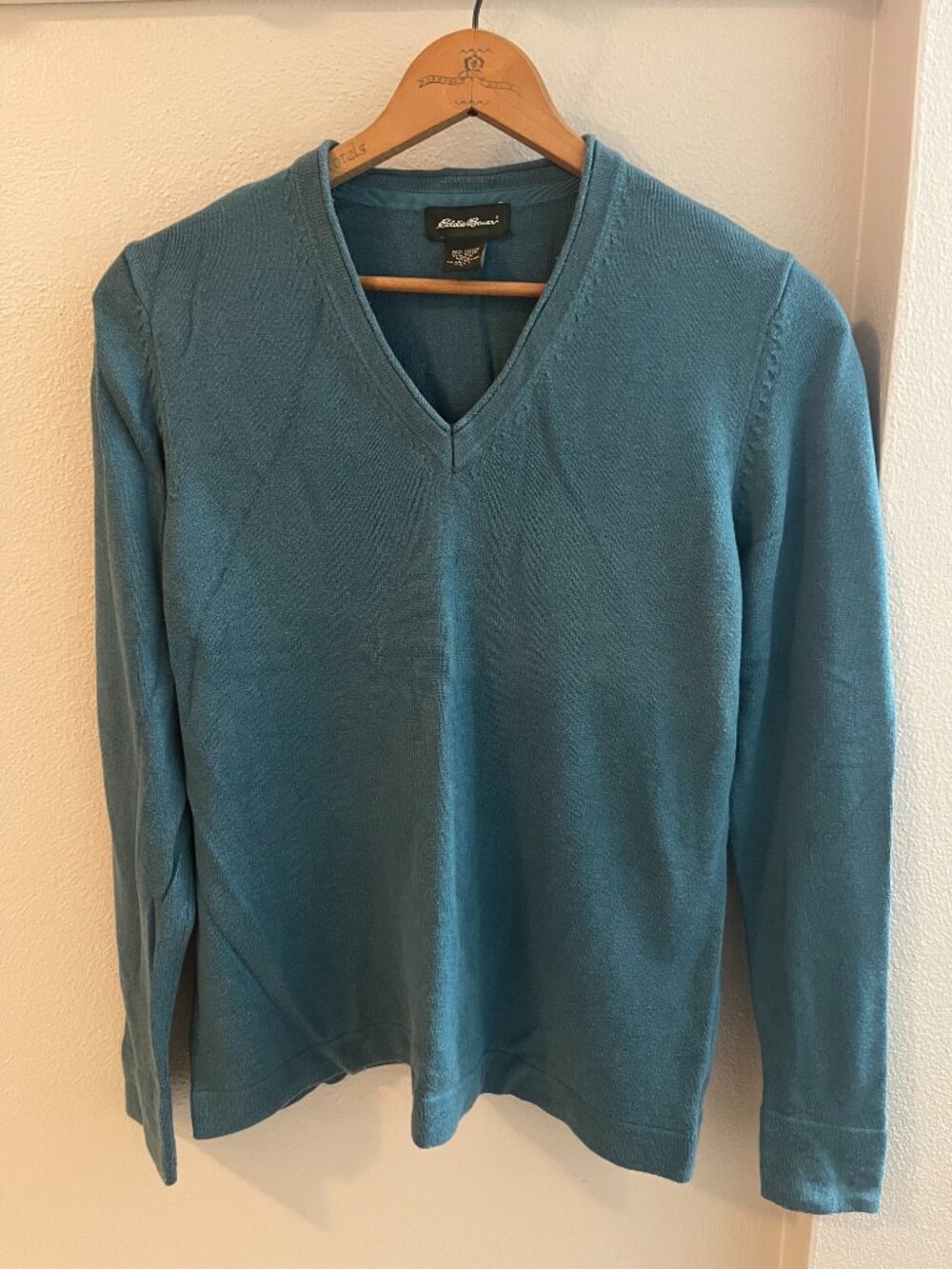 Eddie Bauer Cotton-Blend V-Neck Long Sleeve Knit Pullover Sweater in Teal